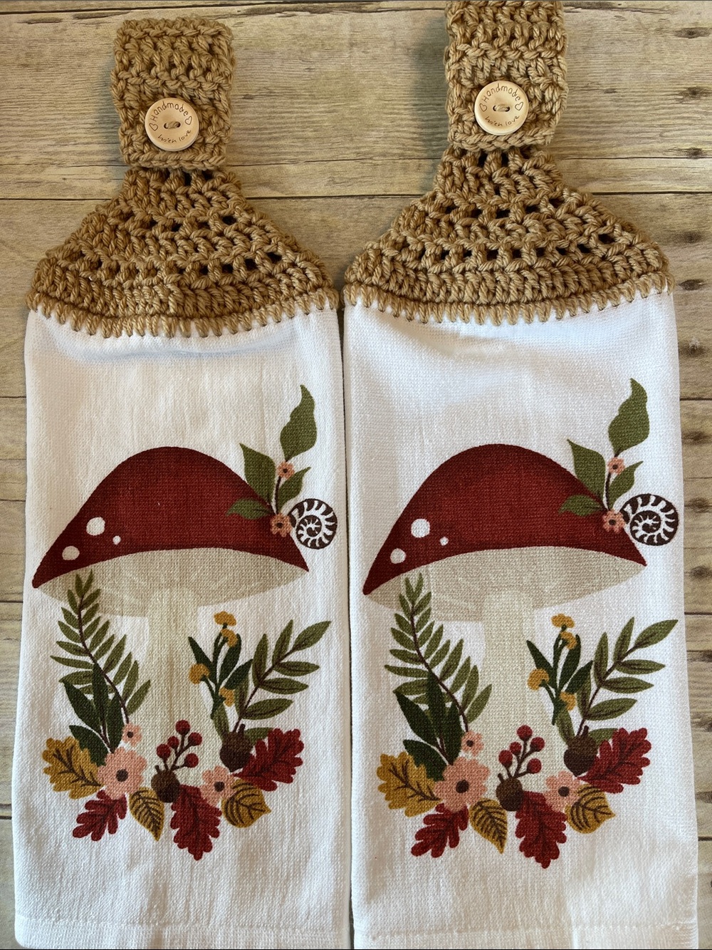 Crochet Top Hand Towel Mushrooms Single Thickness Fall Decor Set of 2